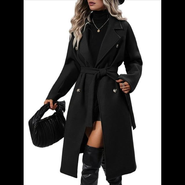 Gabardina de Lana Cruzada para Mujer, Abrigo de Invierno de Mezcla de Lana, Medio, Elegante. Negro M