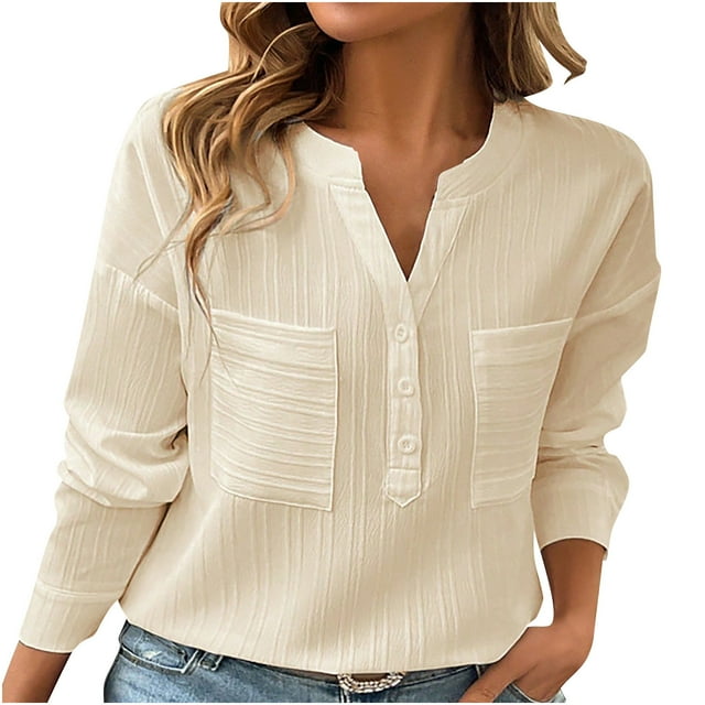 Timegard Femmes Tops V-Neck Bouton Manches Longues Confortable Tee-Shirts Tops Décontractés Décontractés avec Poches