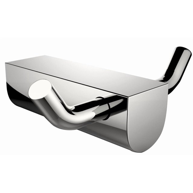 Stainless steel robe hook in chrome finish featuring a 4-inch wide rectangular base with two curved hooks for hanging.