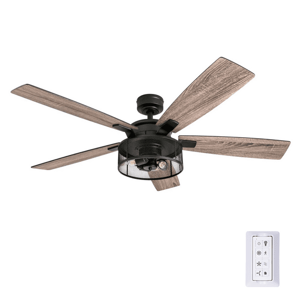Honeywell Carnegie 52 Matte Black Led Industrial Ceiling Fan With Remote Mesh Drum Lighting And Edison Bulbs Com - Large Matte Black Ceiling Fan With Light