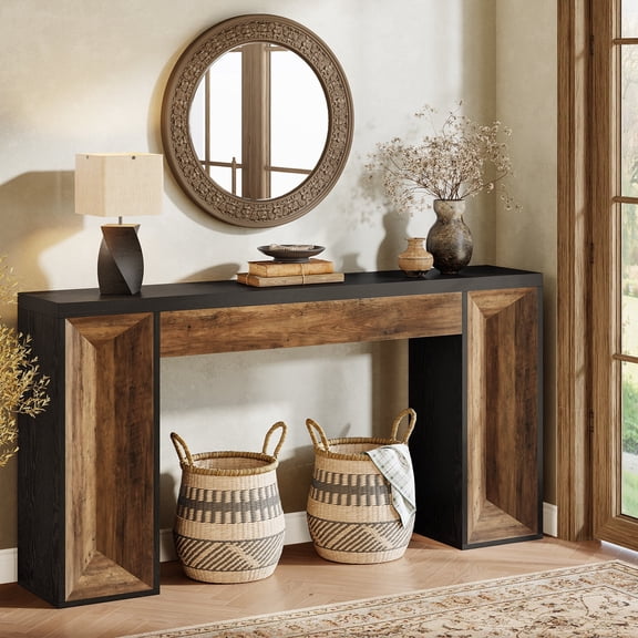 Finmind 63-inch Long Console Table for Entryway, Farmhouse Wood Foyer Table with Dual-Tone Design, Brown and Black