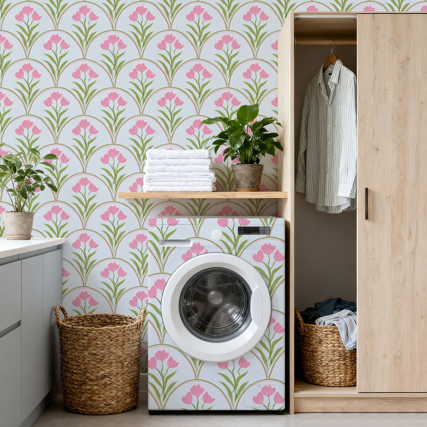 Peel and Stick Wallpaper Pink Tulip Floral Green Leaves Arched Design Light Blue Wall Mural 17.7in x 9.8ft Self Adhesive Removable Wall Paper Renter Friendly Wallpaper for Nursery Bedroom Cabinets