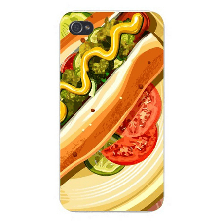 Apple Iphone Custom Case 4 4s White Plastic Snap on - Hot Dog w/ Tomatoes, Relish, &