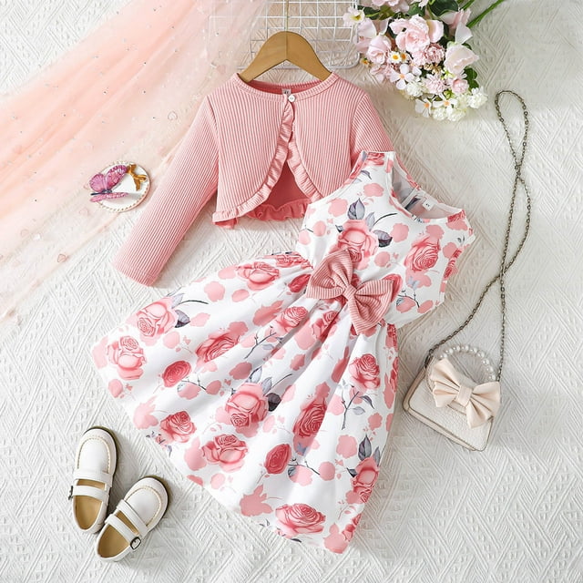 Conjunto de falda y cárdigan de punto de color liso para niños, chaqueta y tirantes, vestido estampado, conjunto deportivo informal de dos piezas de poliéster para niños.