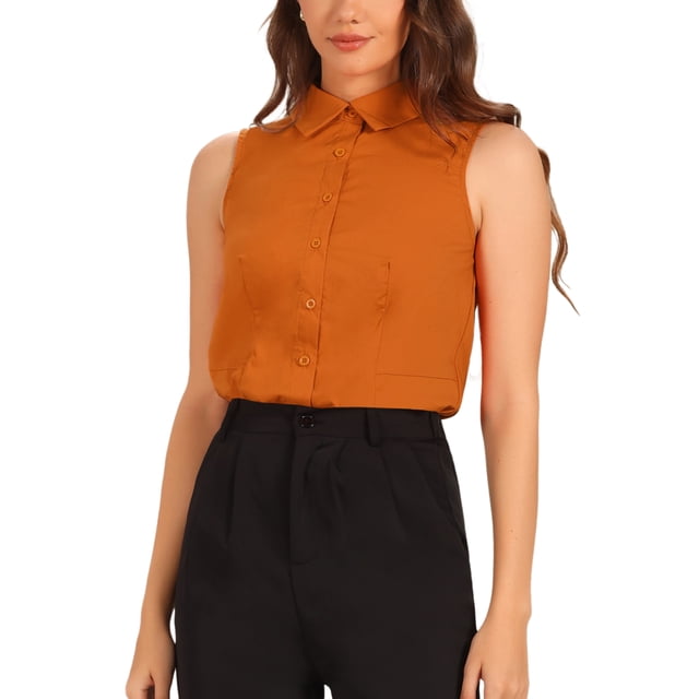 INSPIRAR CHIC Sin Mangas Camisa de Negocios con Cuello para Mujeres, Body de Botones Color Naranja