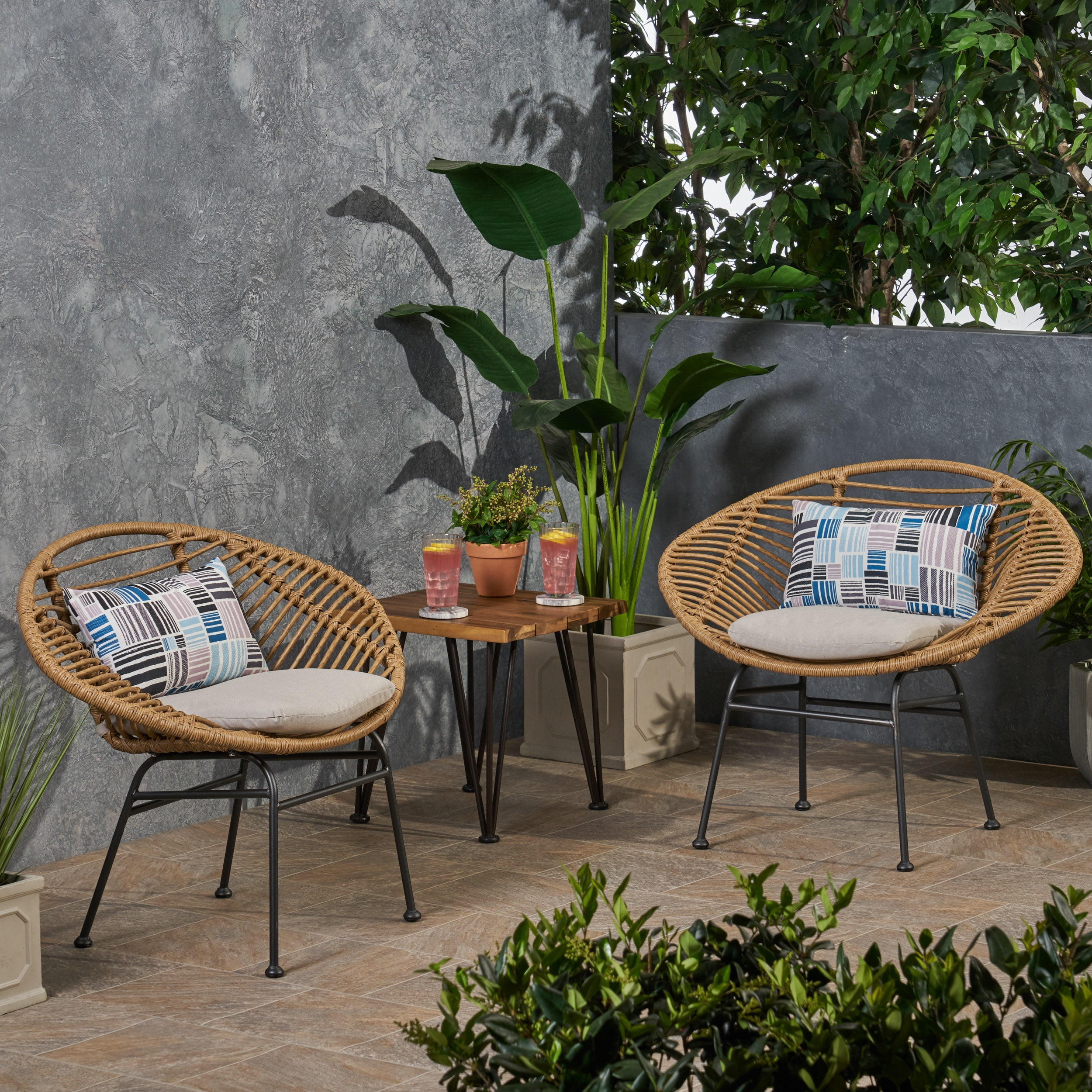Outdoor Woven Cushioned Patio Chair Set of 2, Leisure Rest Chairs for Patio Garden, Light Brown