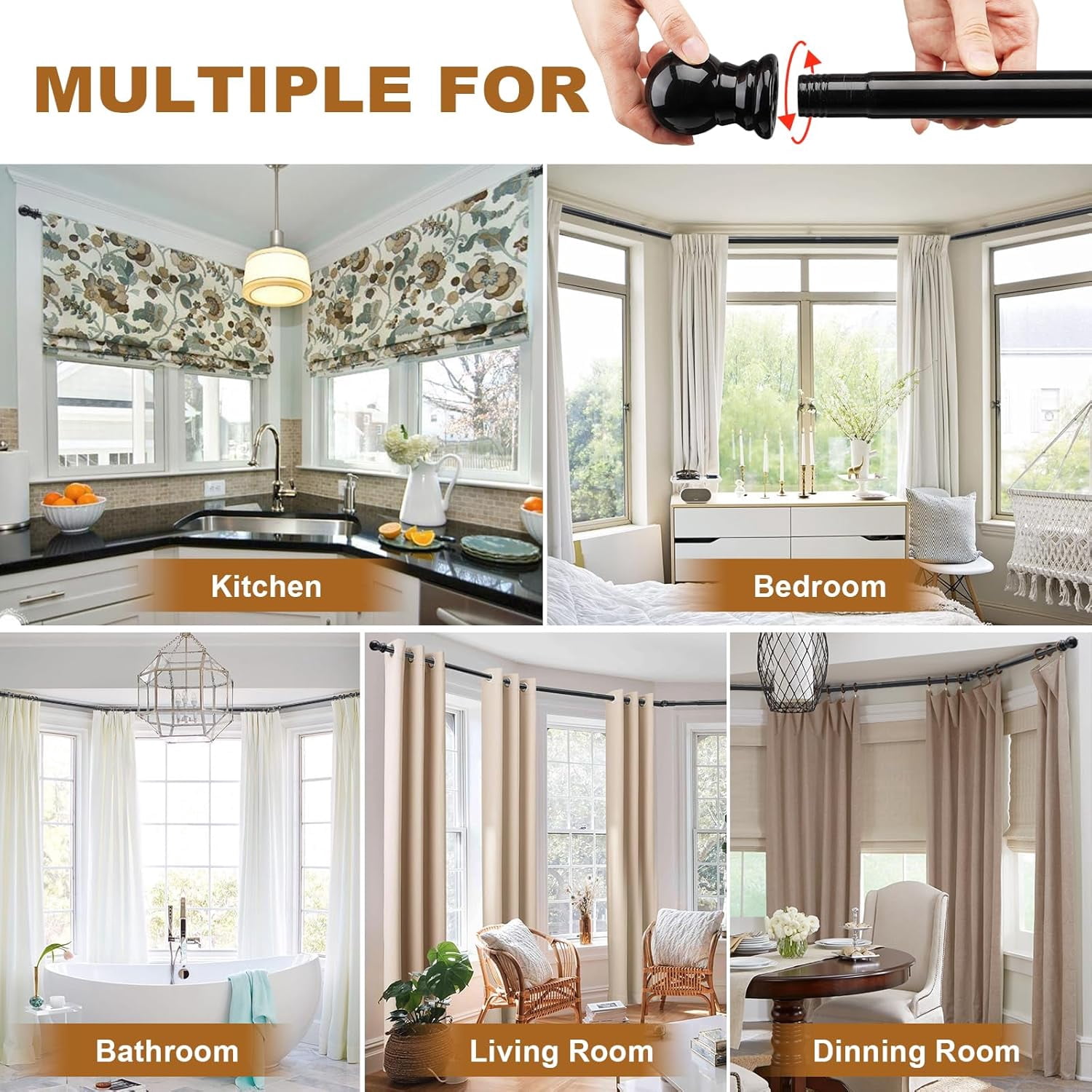 Bay Window Curtain Rods, 36-160" Heavy Duty Corner Curtain Rod, Adjustable DIY Design for Center and Side Rods,U-Shape 1 inch Drapery Rod Set with Brackets for Windows - Black