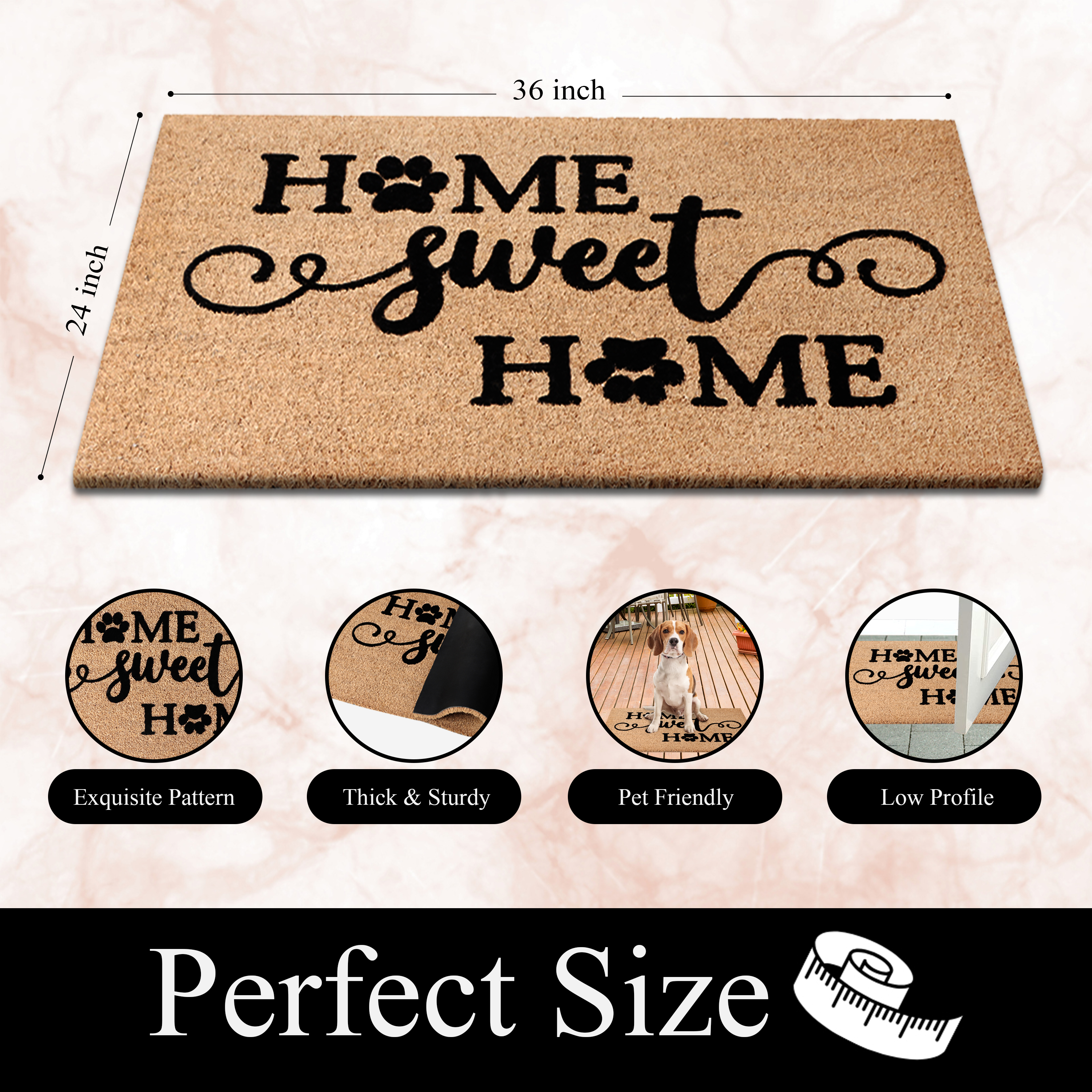 A1HC Natural Coir Flocked Doormat, Home Sweet Home Black , 24"x36", Durable Outdoor Welcome Mat, Non-Slip, Pet Friendly, Fade Resistant