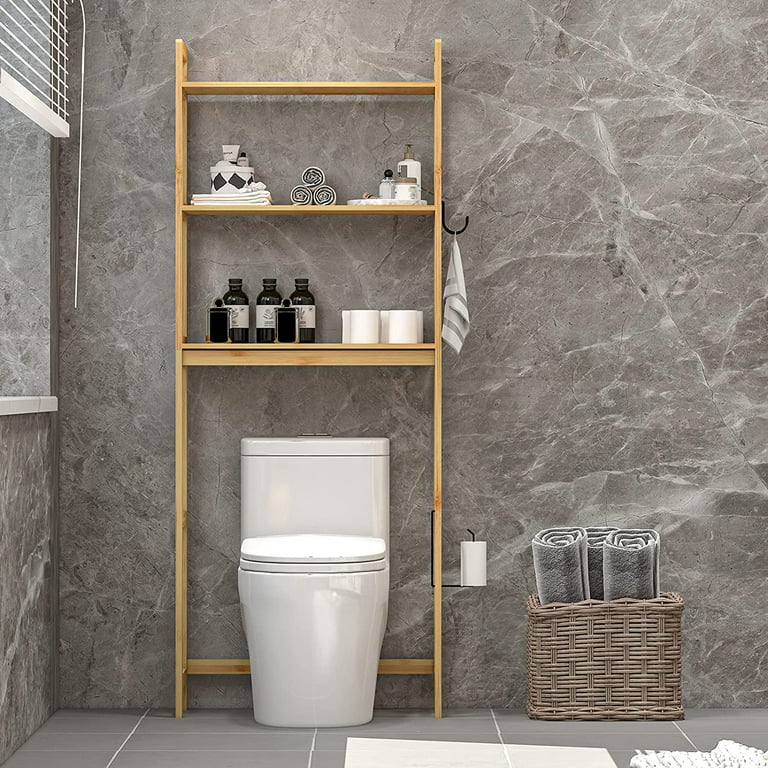 SONGMICS 3-Tier Over The Toilet Storage Bamboo Over Toilet Bathroom  Organizer with Adjustable Shelf Grey 