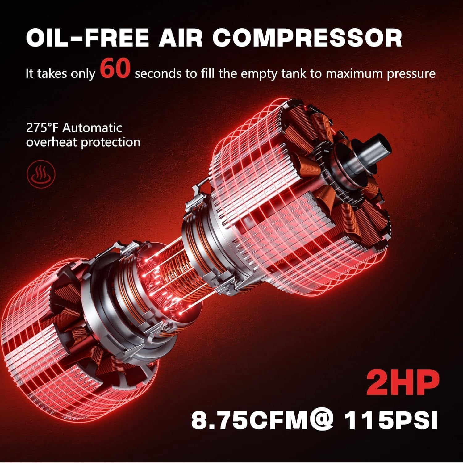 10 Gallon Ultra Quiet Oil-Free Air Compressor, 2HP 8.76 CFM@115PSI, 70dB, Dual Quick Couplers, Electric Portable Compressor for Garage, Woodwork Nailing & Auto Repair