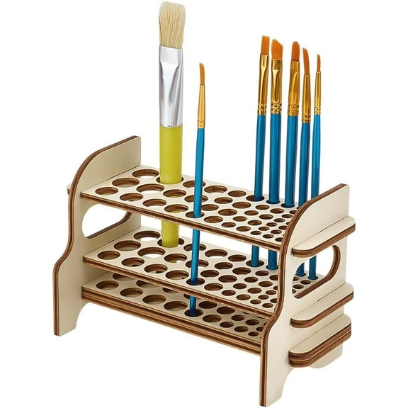 Wooden Paint Brush Holder 51 Holes Paint Brush Organizer Rack 2-Tier Desktop Artist Brushes Storage Stand for Painting Brush Pens Pencils Art Craft 7x3x4.3inch