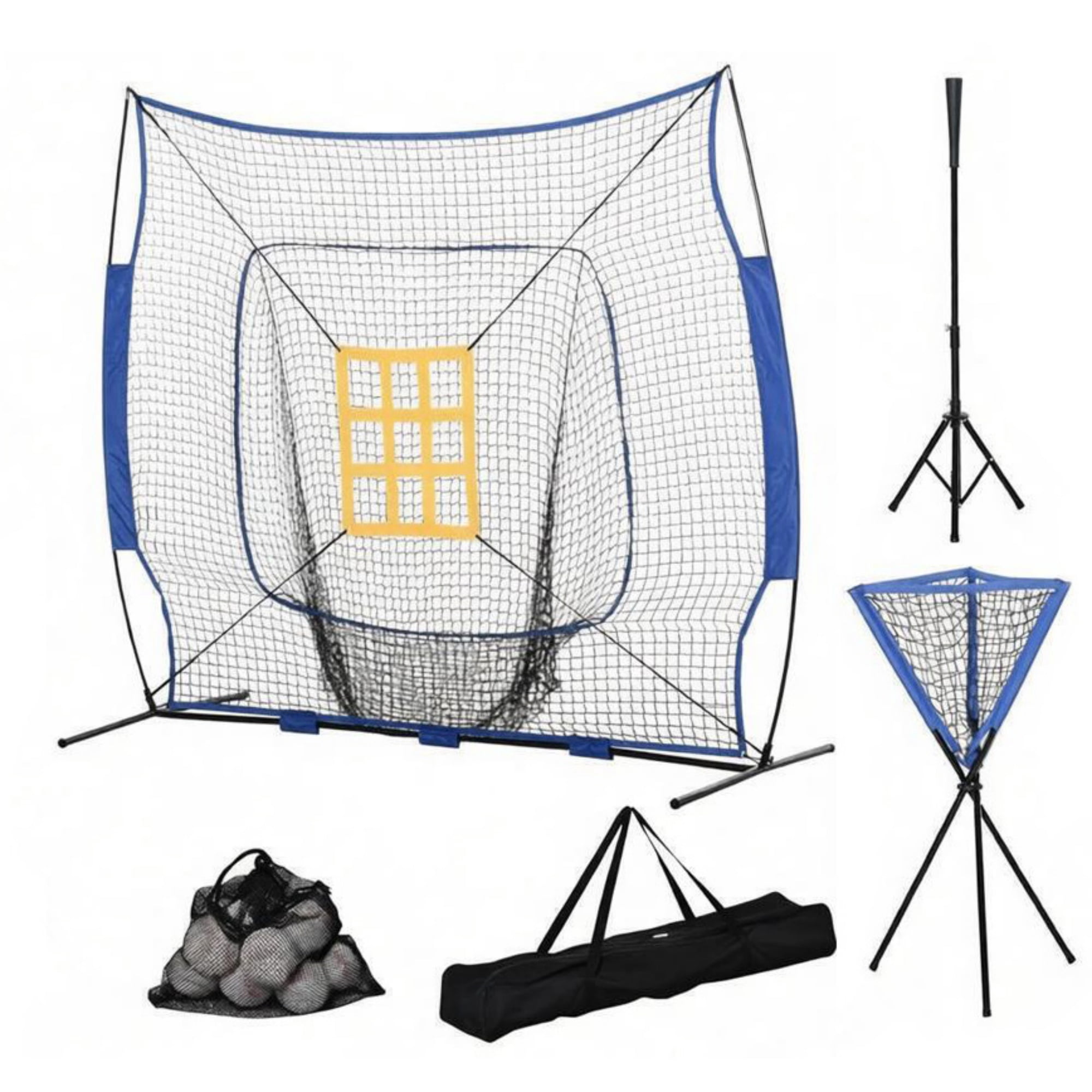 Baseball Hitting Net Set with Adjustable Batting Tee, 120-Ball Caddy & 12 Baseballs, Portable Steel Frame Softball Practice Net with Carry Bag for Backyard Training