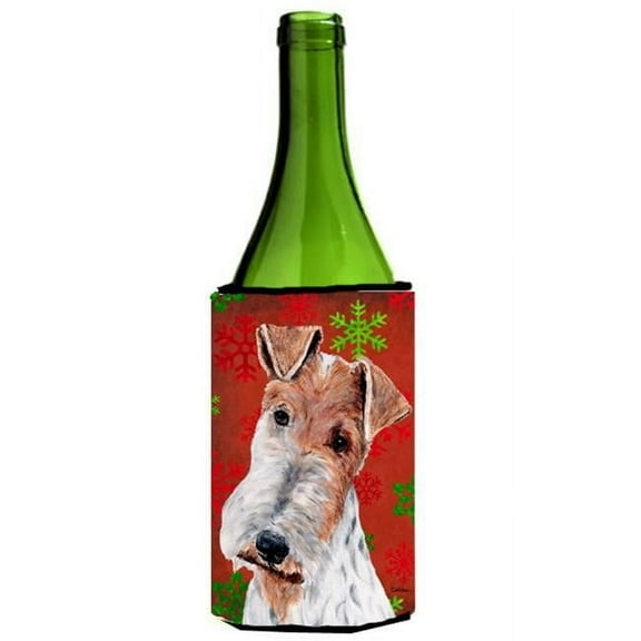 Wire Fox Terrier Red Snowflakes Holiday Wine bottle sleeve Hugger  24 Oz.