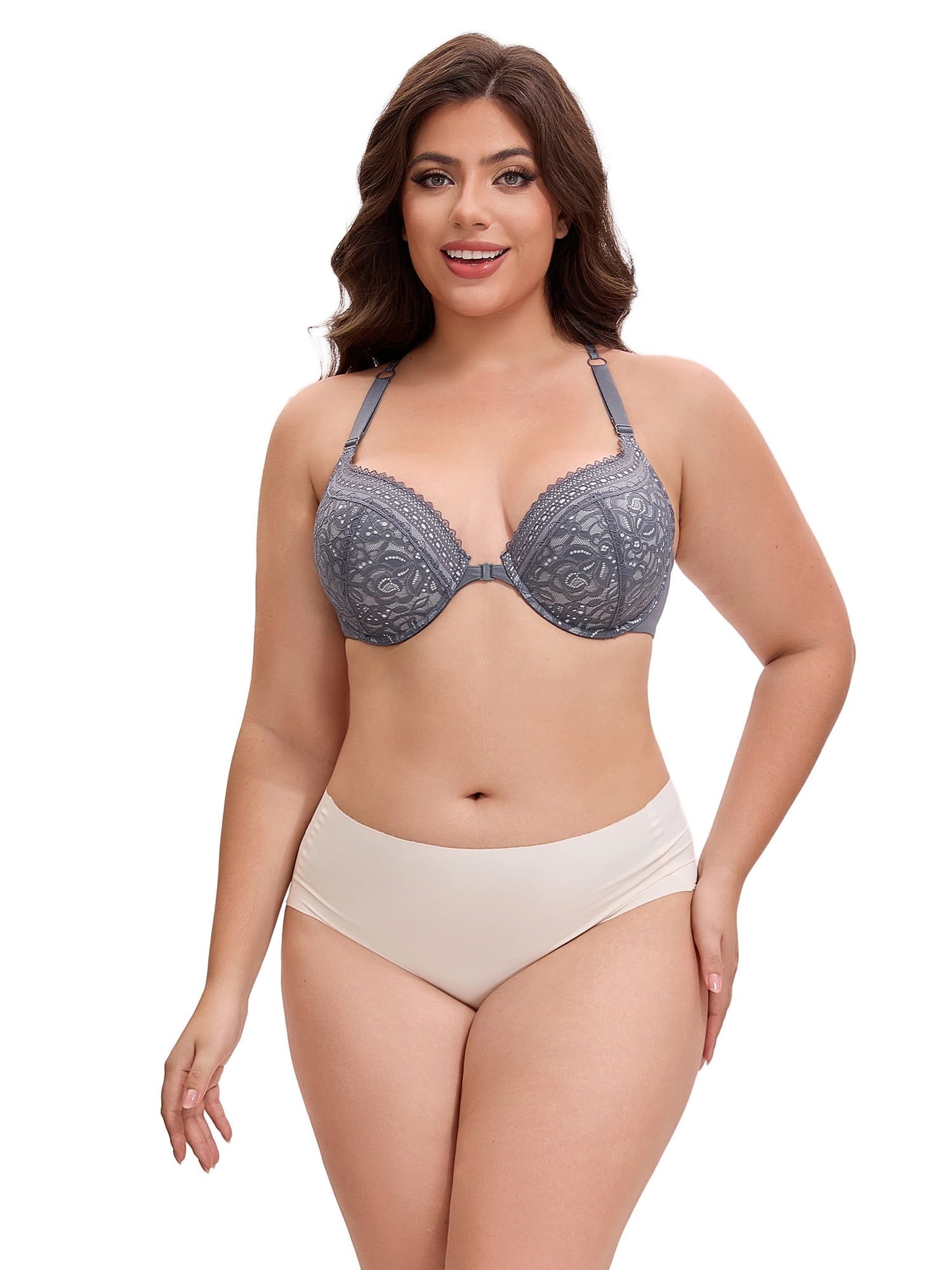 Unique Bargains Women's Lace Front Closure Push Up Underwire Bras Grey 42 D