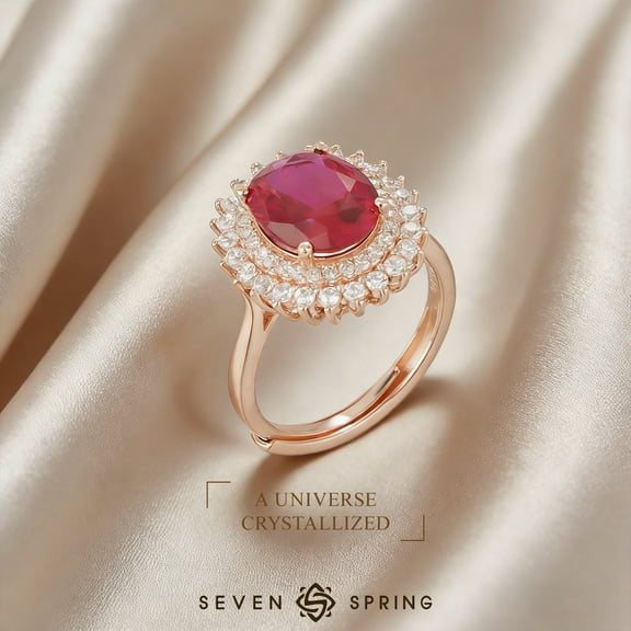 S925 Sterling Silver Ring for Women, Oval Synthetic Ruby Ring with Cubic Zirconia Halo, Vintage Statement Ring, Wedding Anniversary Valentine’s Gift
