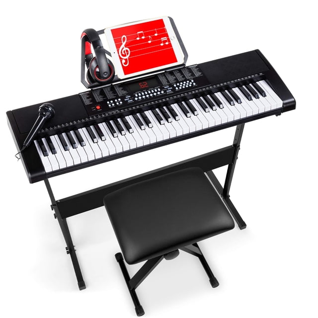 Best Choice Products Teclado electrónico de 61 teclas Piano Teclado eléctrico portátil Juego completo para principiantes con pantalla LED, soporte, banco, auriculares - Negro