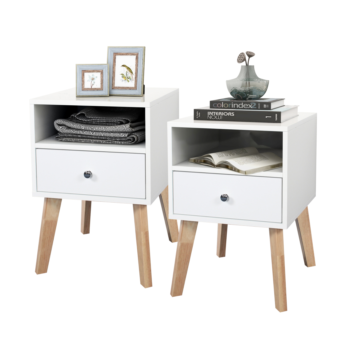 High Gloss White Bedside Table Bedroom Set 2 Bedside Tables with Open Shelves in Bedroom