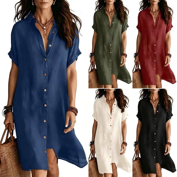Tqcoqu Summer Dresses for Women,Casual Short Sleeve Knee Length Gauze Shirt Dress,Collared Beach Vacation Sundresses,Army Green Women's S-XXL