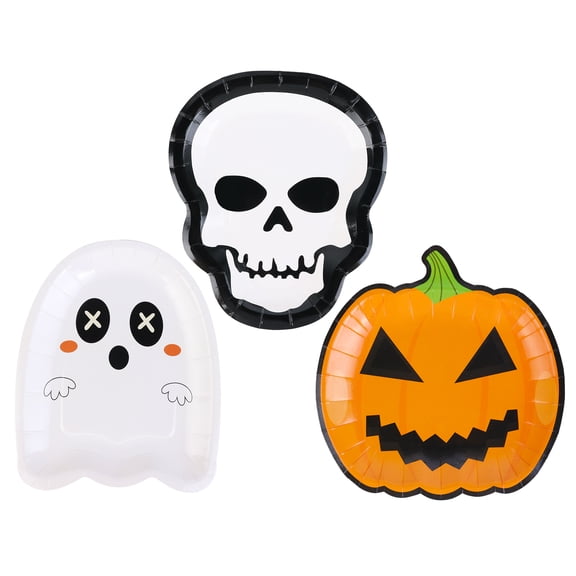 50 Pack Halloween Party Paper Plates,Pumpkin, White Ghost, Skull Disposable Dessert Plates in 3 Assorted Designs,Tableware Party Supplies for Halloween Party Decorations