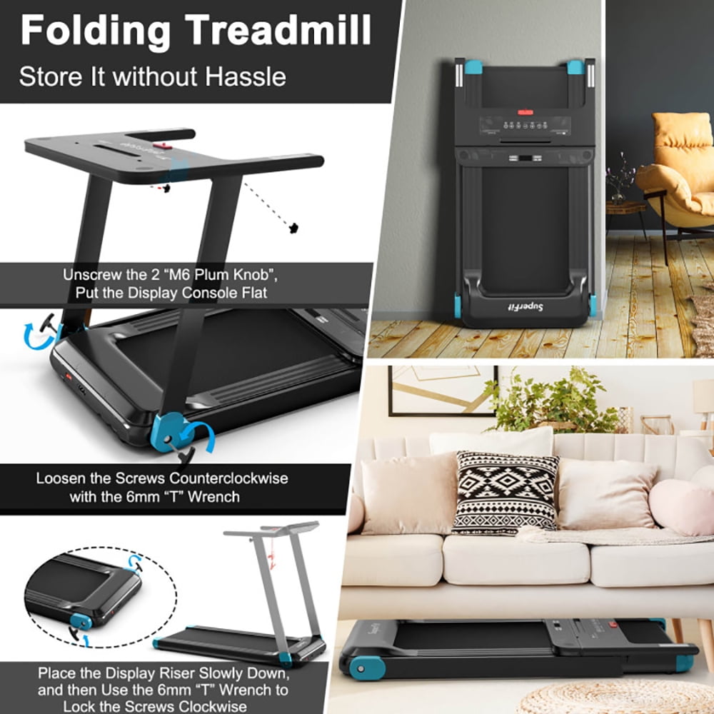 Topcobe Folding Electric Compact Walking Treadmill with APP Control Speaker, Indoor Fitness Equipment, Modern Sports Equipment-Blue