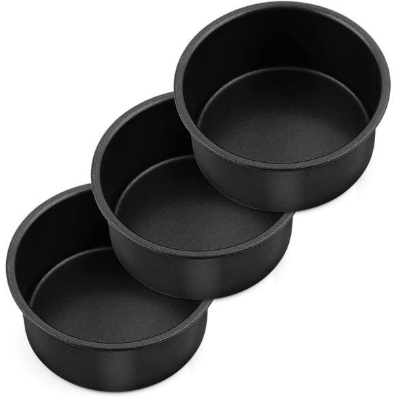 4 Inch Mini Cake Pan Set of 3, P&P CHEF Non-Stick Round Baking Cake Pans Tins for Small Tier Smash Cakes, Non-Toxic & Solid, Stainless Steel Core & Leak-Proof, Black