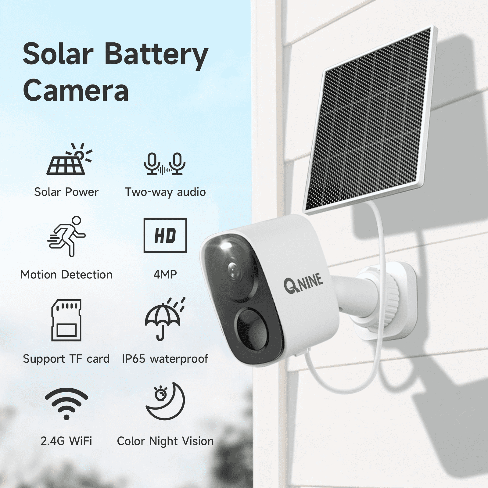QNINE Solar Security Camera Outdoor Surveillance Camera for Home Security System with Night Vision, PIR Detection, 5G WiFi and Works with Alexa