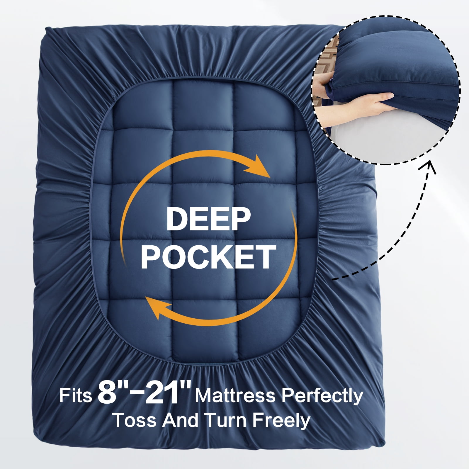 EMONIA 100% 400TC Mattress Topper Twin XL for Back Pain Relief,900GSM Pillow Top Mattress Pad, Cooling Mattress Cover with 8-21" Deep Elastic Pocket, ultra-soft Noiseless Washable (Dark Blue,TwinXL)