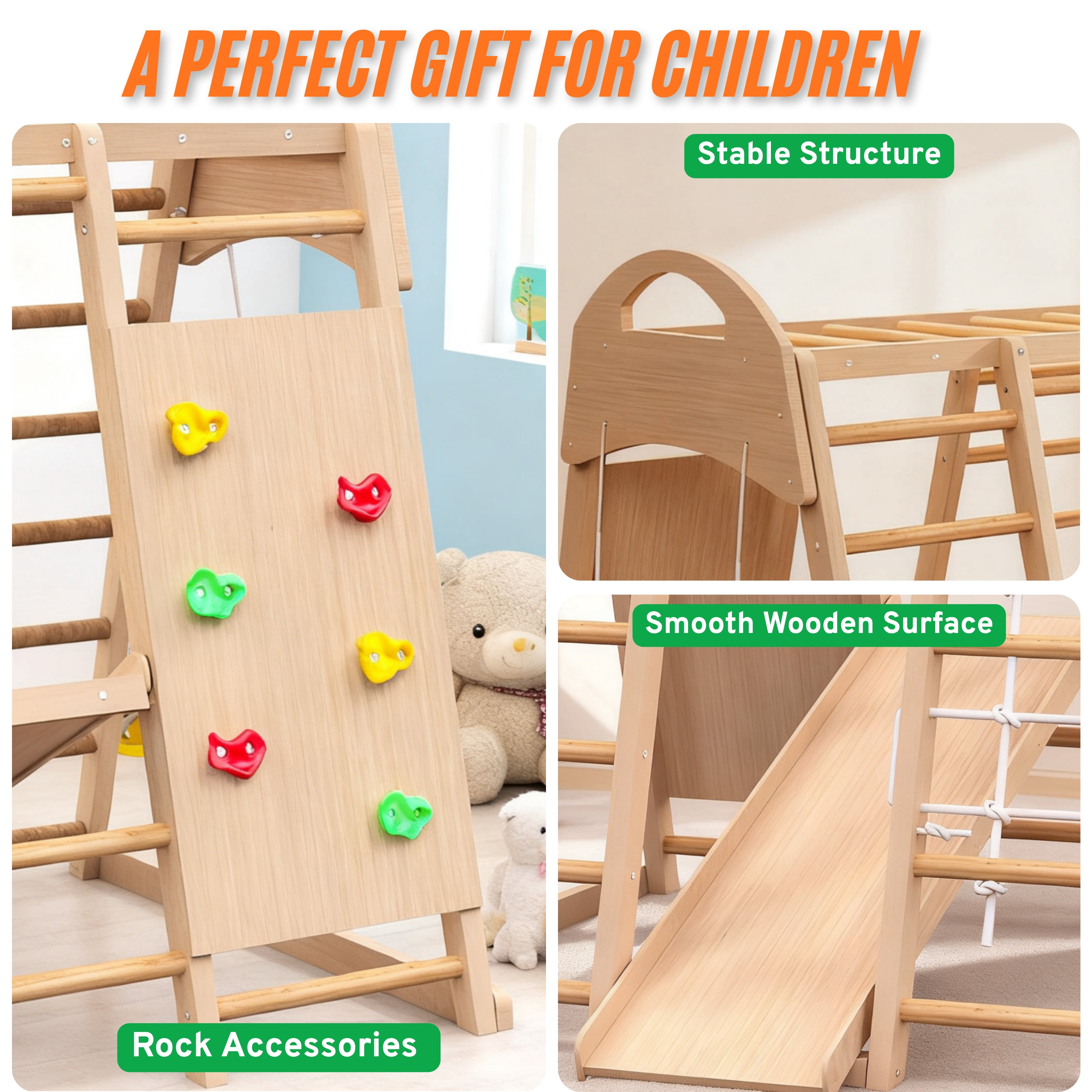 EUROCO Wooden Climbing Toys, Playground Jungle Gym for Kids and Toddlers, Climb and Slide Set with Gymnastic Rings, Rock Wall, Swing, Slide and Rope Climber