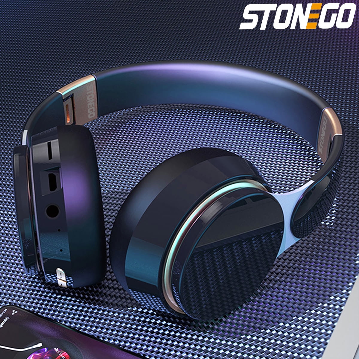 STONEGO HiFi Bluetooth Folding Headphones - Deep Bass, HD Microphone, Noise Cancelling, PU Leather Earmuffs - Wireless Over-Ear Headphones for Music, Gaming, Travel and Work - Designed for Comfort