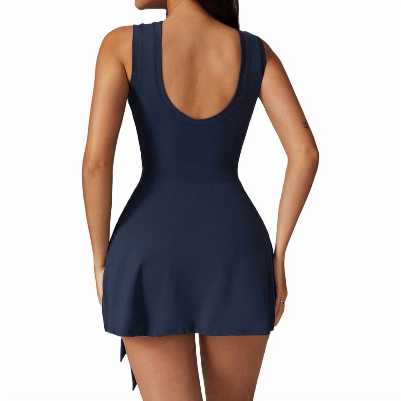 Womens High Neck Tennis Dress Sleeveless Wrap Skirt Built in Shorts Golf Athletic Dress Workout Rompers Badge Blue M