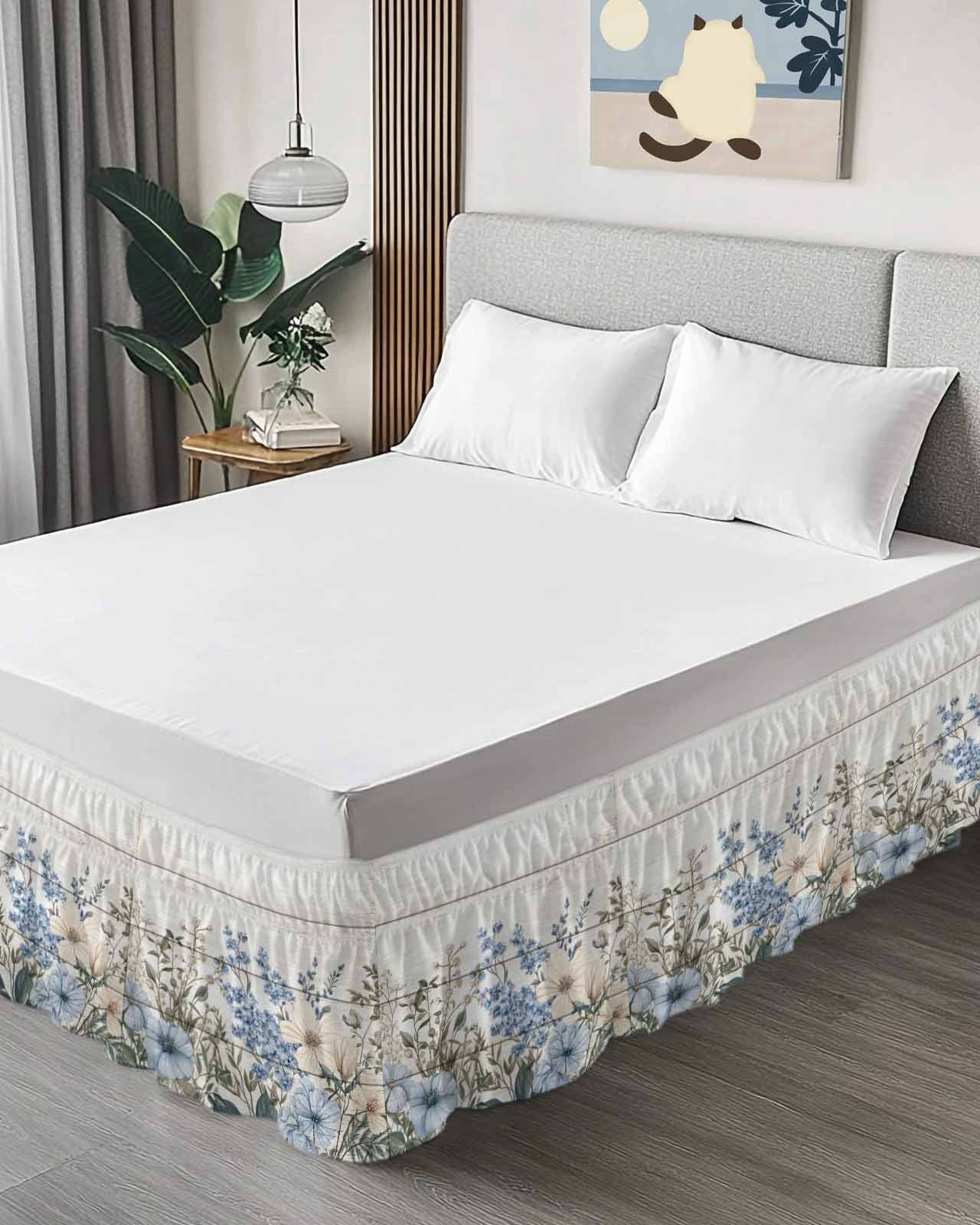 Blue Floral Spring Wrap Around Bed Skirts for Queen Bed 16" Drop,Bed Skirt with Adjustable Elastic Belt Dust Ruffle Bed Valance for Bedroom Hotel Summer Botanical Flower Vintage Bed Frame Cover