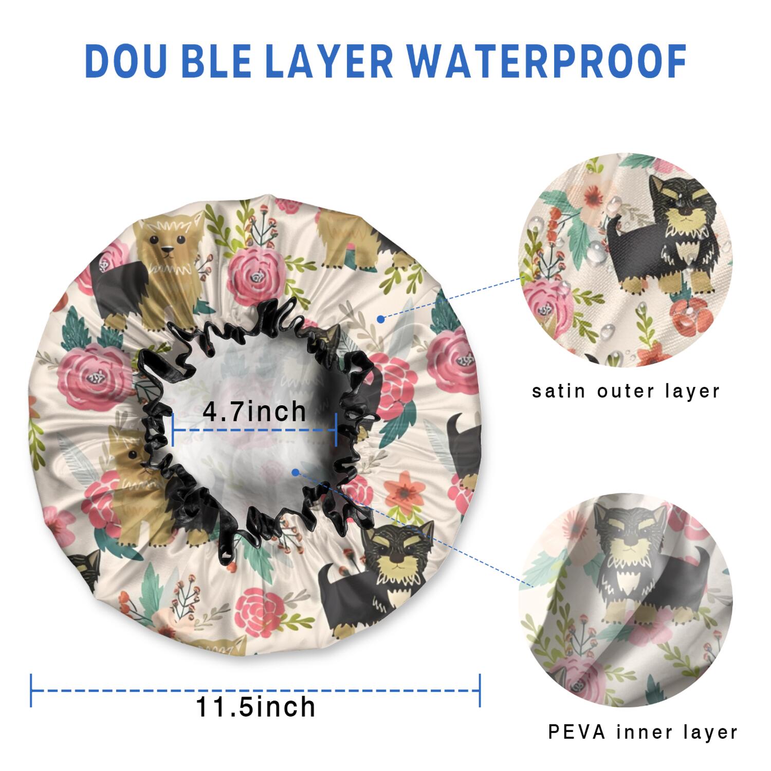 Shower Caps,Yorkie Dog and Pioneer Flower Waterproof Shower Cap for Women 4 Pieces,Double Reusable Hair Cover for Shower PEVA Elastic Stretch Hem