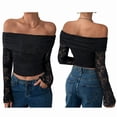 thumbnail image 2 of Women'S Lace Trim Off Shouder Top Long Sleeve Double Lined Y2k Trendy T-Shirts Black XXL, 2 of 6