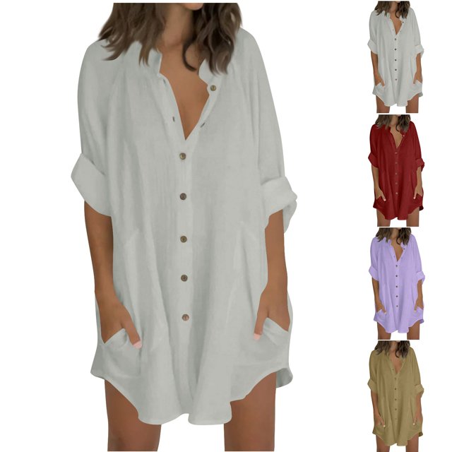 Ropa urbana para mujer,Blusa holgada con cuello en V para mujer, túnica informal de manga larga con bolsillo, mezcla de algodón y lino, para oficina y uso diario, sopatenor