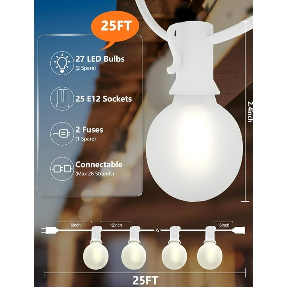 YUYAN-25Ft G40 LED Outdoor White String Lights with 27 White Frosted Shatterproof Globe Bulbs (2 Spare), Outdoor Hanging Lights for Room Café Bistro Pergola Tents, 25 Pack, White Wire