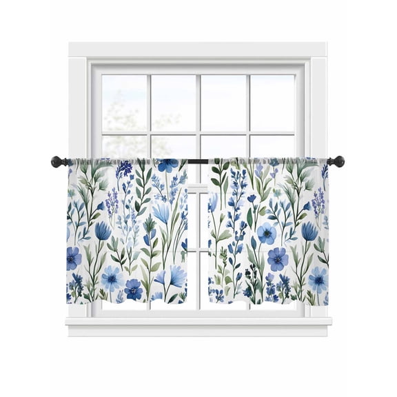 Spring Floral Sheer Curtains for Living Room Bedroom, Blue Flower Sage Green Leaves Light Filtering Sheer Curtain Rod Pocket Voile Window Treaments Drapes, 52 x 54 Inches
