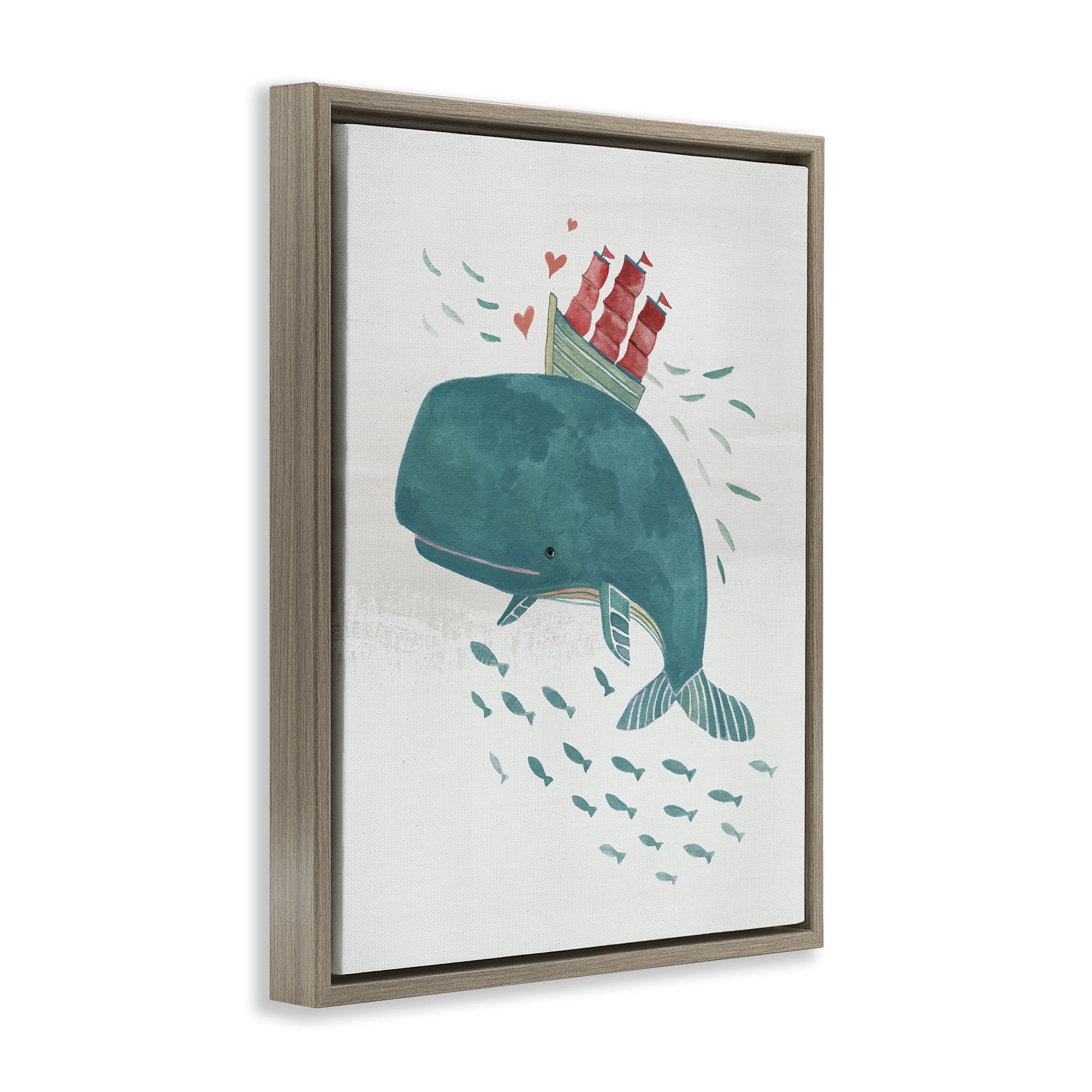 Stupell Industries Whale & Sailboat Diving Nautical & Beach Painting Brown Floater Framed Canvas Art Print Wall Art, 25 x 31