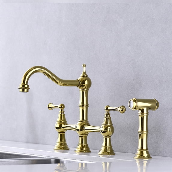 Cfowner Brass Bridge Kitchen Faucet, Kitchen Sink Faucet with Pull-Out Side Spray, Gold