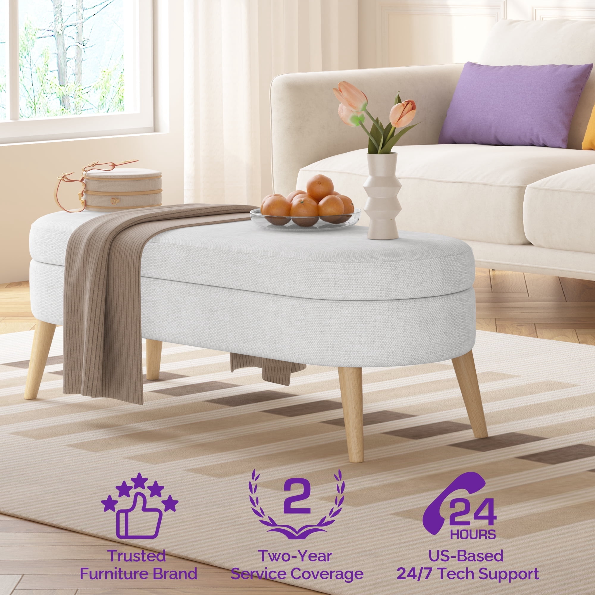 Sersper Modern 43 Inches Storage Ottoman Bench for Living Room, Bedroom, Entryway - Ottoman Foot Rest with Storage, White