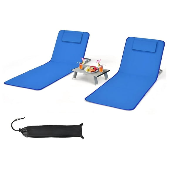 3 Pieces Beach Chairs for Adults, Lightweight Lawn Lounge Chairs with 5 Adjustable Recline Position, Zipper Pocket, Backpack 2 Pack Beach Chairs Set with Folding Side Table (Blue)