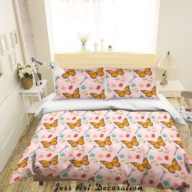 3D Dibujado a mano Rosa Floral Mariposa Funda de edredón Set Ropa de Cama Funda Nórdica