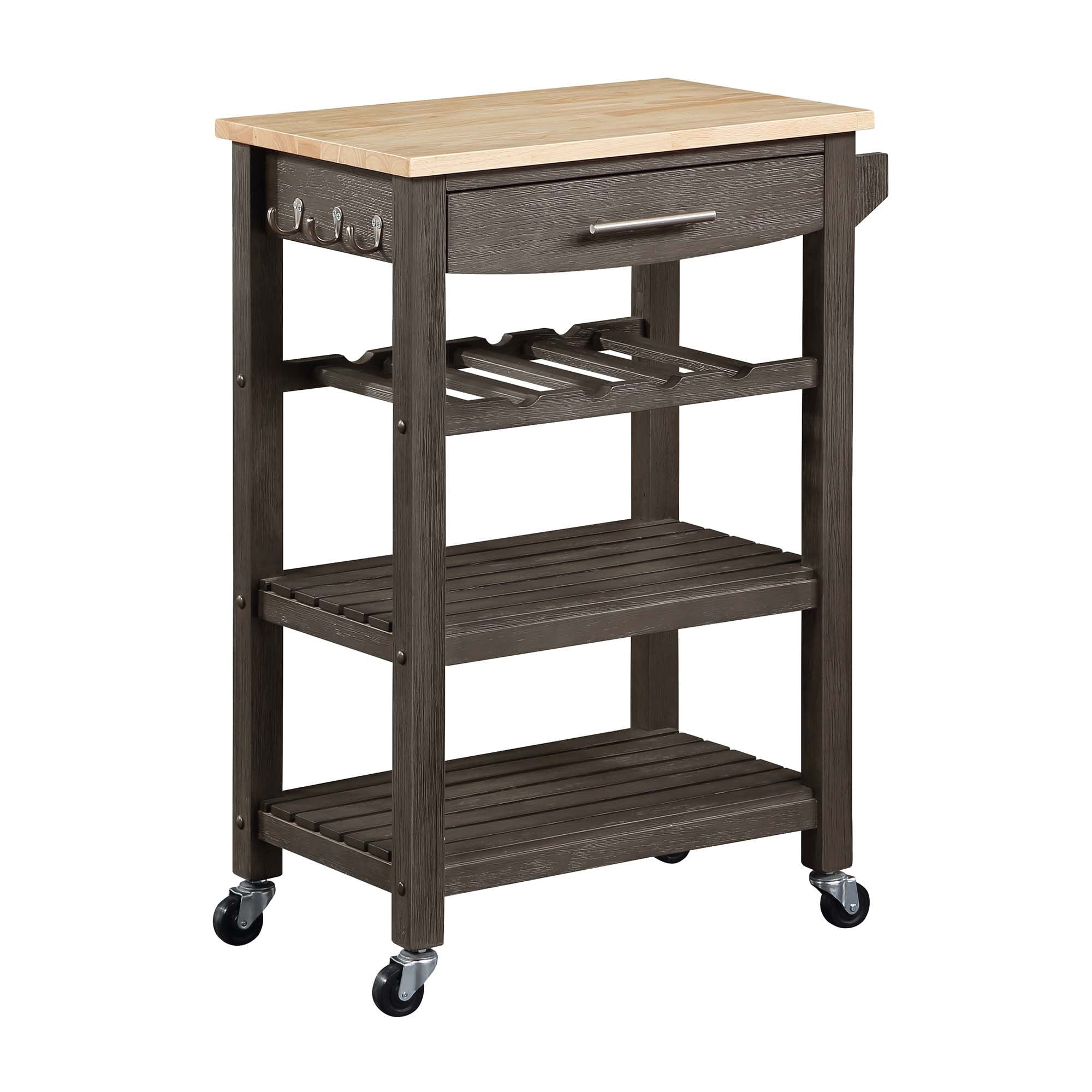 Ellaine 4 Tier Butcher Block Kitchen Cart with Drawer and Wine Rack, Wirebrush Dark Gray/Butcher Block