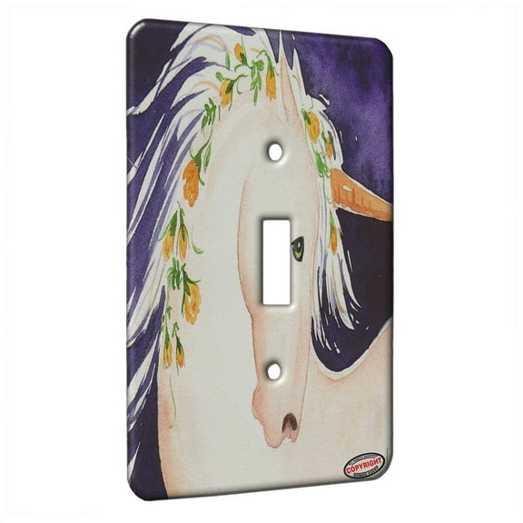 KuzmarK™ Single Gang Toggle Switch Wall Plate - Unicorn with Yellow Roses Fantasy Horse Art by Denise Every