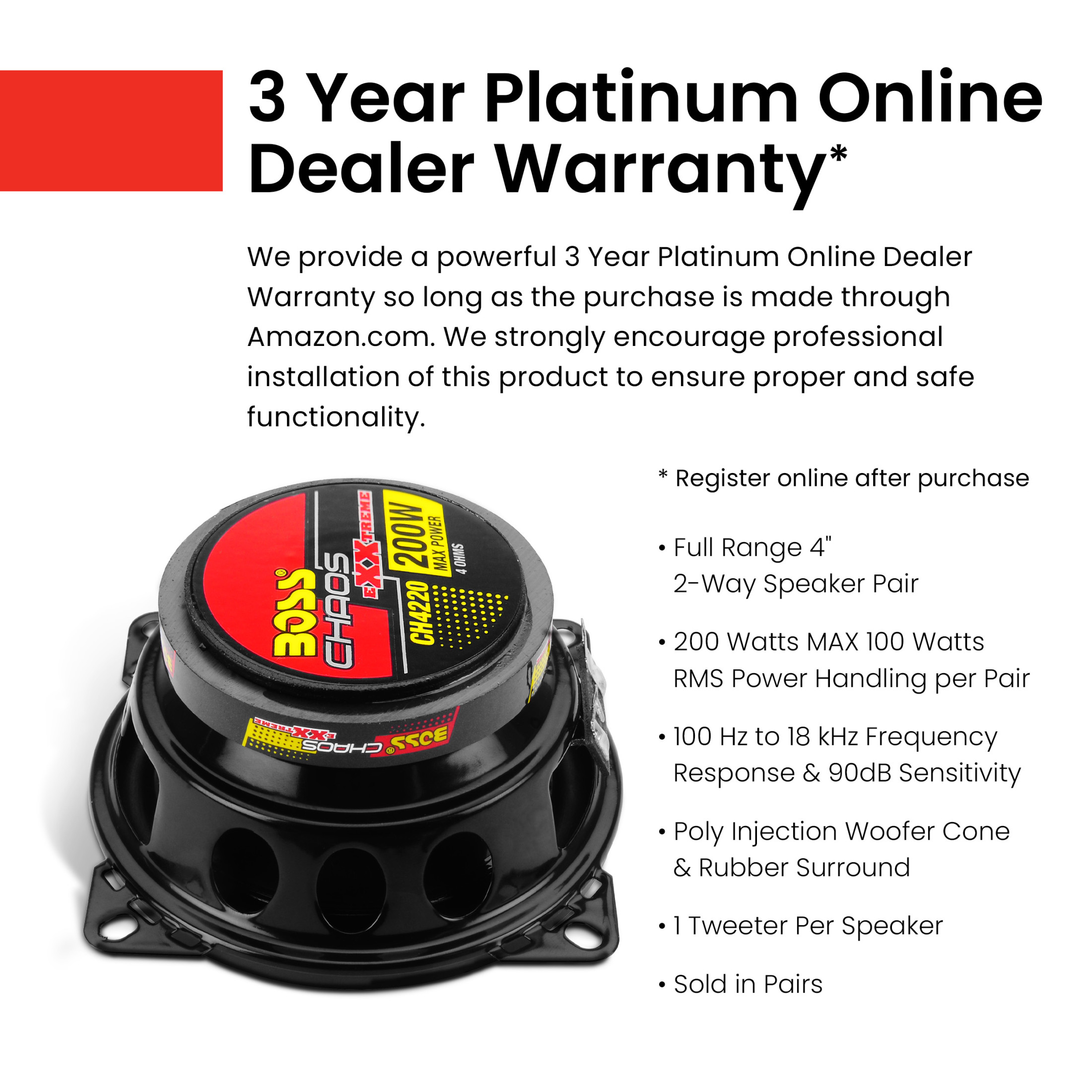 BOSS Audio Systems CH4220 Chaos Series 4 Inch Car Audio Door Speakers - 200 Watts Max, 2 Way, Full Range, Coaxial, Hook Up To Stereo and Amplifier, Tweeters