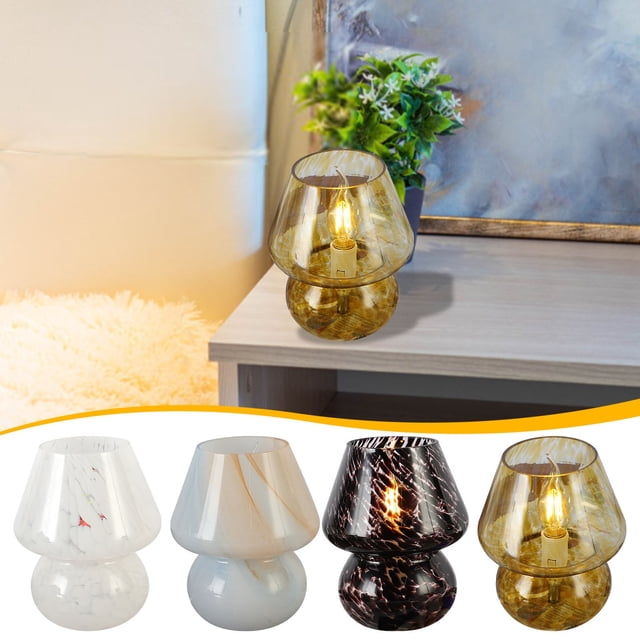 Retro Mushroom Glass Lamp Glass USB Table Lamp with Remote, Rechargeable Battery & 3 Color Modes for Bedroom Night Light(White) Rkxzt