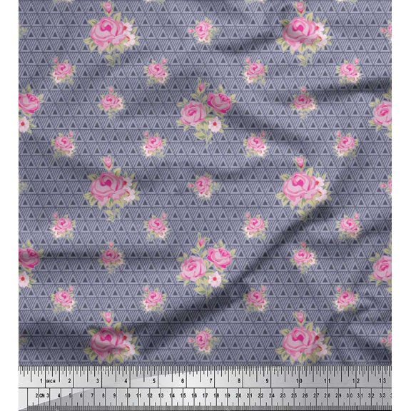 Soimoi Rayon Fabric Triangle,Leaves & Rose Floral Printed Fabric 1 Yard 56 Inch Wide
