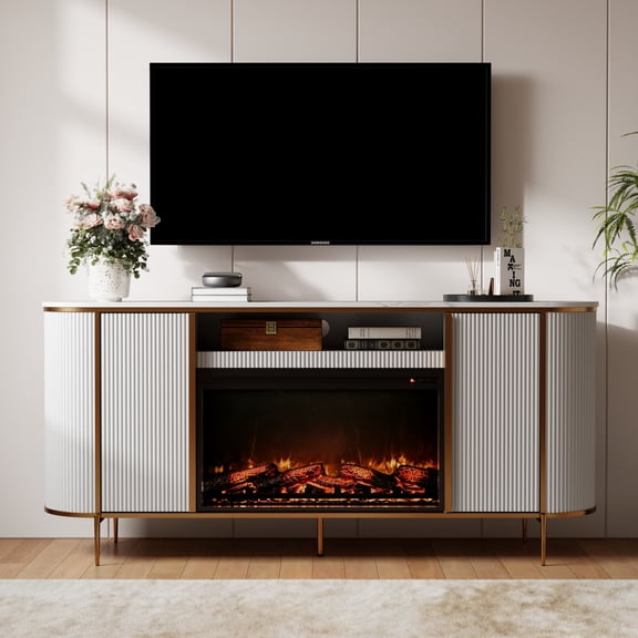 OKD 70" Fireplace TV Stand for TV up to 80", Modern Fluted Entertainment Center with Electric Fireplace, Media Console Table for Living Room - White