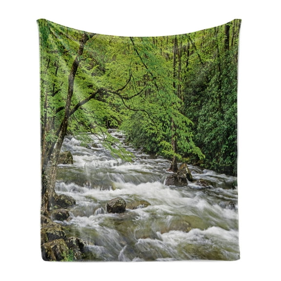 Appalachian Soft Flannel Fleece Throw Blanket, Streaming Water Creek in Spring Forest Trees and Bushes, Cozy Plush for Indoor and Outdoor Use, 50" x 70", Lime Green Sage Green, by Ambesonne