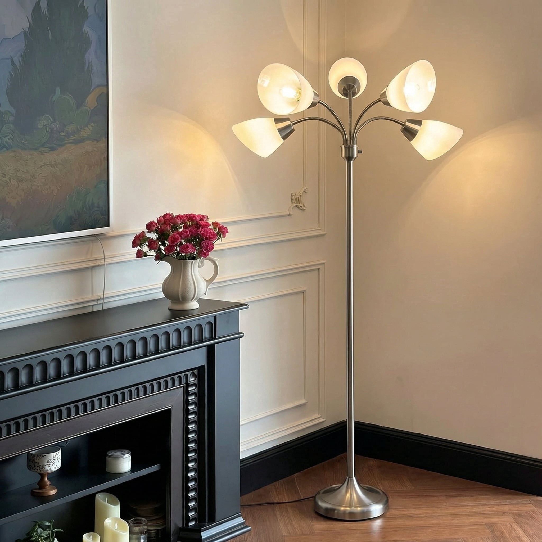 5-Light Metal Tree Floor Lamp with Adjustable Arms, 67" Tall pole Standing Reading Light for Living Room, Sand Nickel Modern Floor Lamp  (Bulb Not Included)