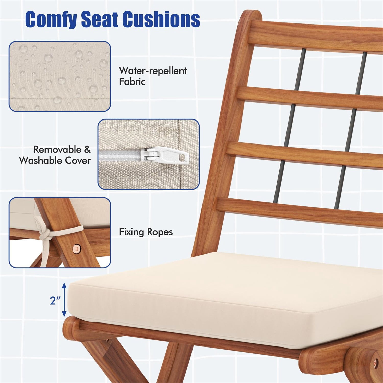 Hommoo 3 Pcs Acacia Wood Patio Bistro Set, Outdoor Folding Table and Chair Set with White Cushions